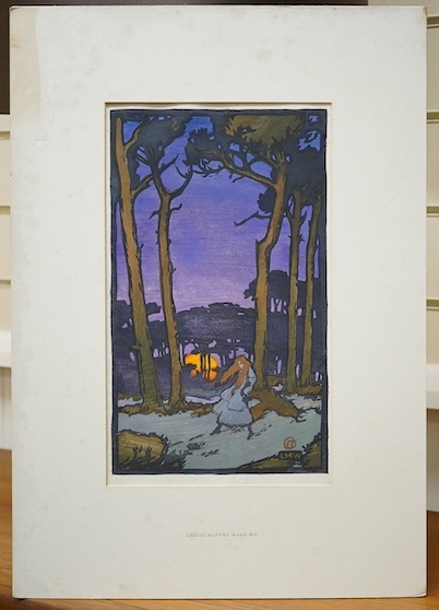 Philip Leslie Moffat Ward (1888-1978), woodblock print, Figure in woodland, unsigned, 31 x 19cm, mounted and unframed. Condition - fair to good, mount stained